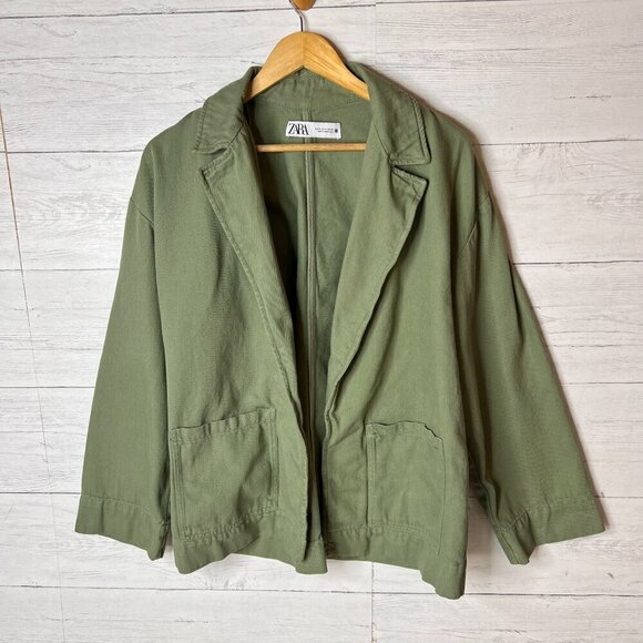 Zara Shacket Womens Size Medium Sage Green Denim Wide Arm Sleeve 100% Cotton - Picture 5 of 15